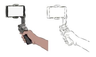 The hand holds the phone with a stabilizer in color and black and white. The concept of using a stabilizer for shooting videos and photos. vector