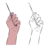 The hand holds a screwdriver for repair. The concept of an employee with a screwdriver. vector