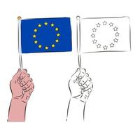 The flag of the European Union is in the hand of a man in color and black and white. The concept of patriotism. vector