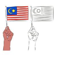 The flag of Malaysia is in the hand of a man in color and black and white. The concept of patriotism. vector