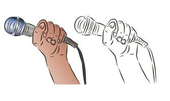 The hand holds the microphone in a color and black-and-white image. The concept of news or karaoke. vector