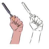 The hand holds a chisel for woodwork. The concept of the carpenter's work. vector