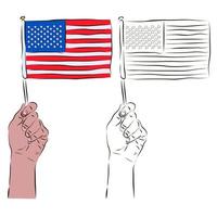 The US flag in the hand of a man in color and black and white. The concept of patriotism. vector