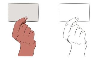 The hand holds a card in color and black and white. The concept of information on the card. vector