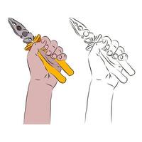 The hand holds the pliers for work. The concept of working with pliers. vector