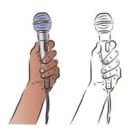 The hand holds the microphone in a color and black-and-white image. The concept of news or karaoke. vector