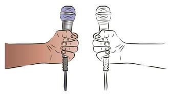 The hand holds the microphone in a color and black-and-white image. The concept of news or karaoke. vector