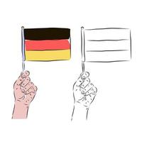 The flag of Germany in the hand of a man in color and black and white background. The concept of German patriotism. vector