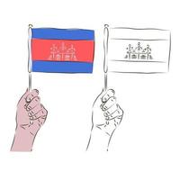 The flag of Cambodia is in the hand of a man in color and black and white. The concept of patriotism. vector