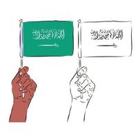 The flag of Saudi Arabia is in the hand of a man in color and black and white. The concept of patriotism. vector