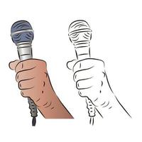 The hand holds the microphone in a color and black-and-white image. The concept of news or karaoke. vector