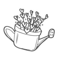 A watering can with hearts on stalks inside it. Simple decorative design element. The outline illustration is hand-drawn, isolated on a white background. Black white vector