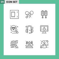 Universal Icon Symbols Group of 9 Modern Outlines of headphones research spring jewelry decoration Editable Vector Design Elements