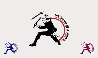 young man with martial arts stance using a sword logo icon vector