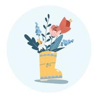 ramo de flores y ramitas de jardín en dibujos animados de bota de goma ilustración gráfica de color plano para el diseño de tarjetas de felicitación. vector