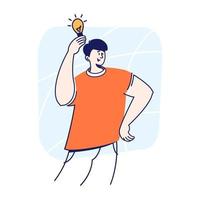 Happy man with an idea holding light bulb in eureka moment, solution, insight concept flat vector illustration.