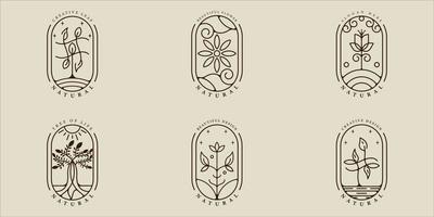 conjunto de hoja ecología logo línea arte simple vector ilustración plantilla icono diseño gráfico. colección de paquetes de varias naturalezas o signos y símbolos naturales para el concepto de jardín o entorno con placa