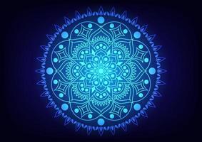 Mandala flower circle center light blue neon background vector