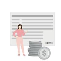 Little girl on the background of a huge bill and a stack of large gray coins, flat vector, isolated on white, finance, rent vector