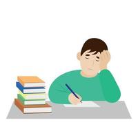 Sad boy sitting at the table and doing homework, flat vector, isolate on white, books vector