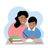 Mom helps her son with lessons, a indian family, a flat vector, isolated on white