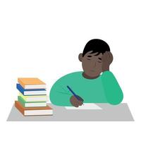 Black sad boy sitting at the table and doing homework, flat vector, isolate on white, books vector