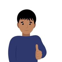 Portrait of a indian cartoon boy who shows thumb up, flat vector, isolate on white vector