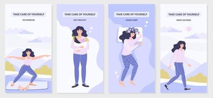 Vector banner of 4 self-care and good mental health tips. The girl does exercises, eats right, sleeps well and goes out into the fresh air. Set of 4 vector illustrations in one banner. Vector.