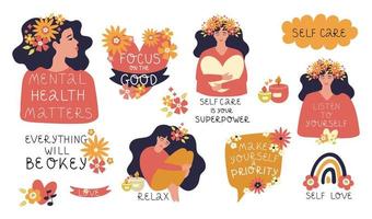 Set of vector illustrations. Psychological health. Self care ideas. The girl with flowers maintains her emotional health. Different positive and motivating hand lettering.