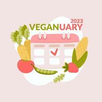 vegano 2023. es hora de una dieta saludable. Comienza el nuevo año con la nutrición adecuada. calendario como herramienta de autocontrol. vector