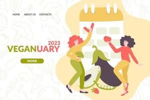 Vector illustration on the theme - Veganuary 2023. The poster consists of vegetables, a calendar and vegan girls. Web page design template, online store, website development.