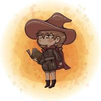 lindo personaje de dibujos animados de bruja chibi con un sombrero mientras lee el libro de pociones vector