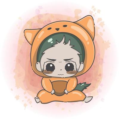 Cute Chibi Baby Boy in an Animal Suit Sad Crying Face Expression