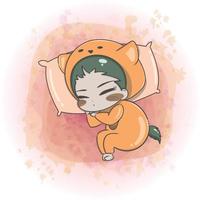 Cute Chibi Baby Boy in an Animal Suit Sleeping with Pillow vector
