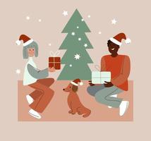 Family couple Xmas eve. Boxing day. Christmas gifts. New year celebration, concept banner vector flat illustration