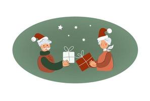 Happy elderly couple. Xmas eve. Boxing day. Christmas gifts. New year celebration, concept banner vector flat illustration