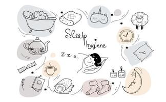 conjunto de higiene del sueño, ilustración de boceto dibujado a mano de fideos vectoriales vector