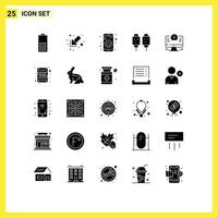 Group of 25 Modern Solid Glyphs Set for computer fried app food corn Editable Vector Design Elements