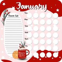 January monthly planner, weekly planner, habit tracker template and example. Template for agenda, schedule, planners, checklists, bullet journal, notebook and other stationery. Christmas cocoa theme vector