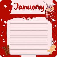 January monthly planner, weekly planner, habit tracker template and example. Template for agenda, schedule, planners, checklists, bullet journal, notebook and other stationery. Christmas cocoa theme vector