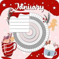 January monthly planner, weekly planner, habit tracker template and example. Template for agenda, schedule, planners, checklists, bullet journal, notebook and other stationery. Christmas cocoa theme vector