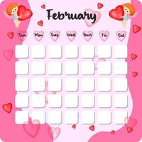 February monthly planner, weekly planner, habit tracker template and example. Template for agenda, schedule, planners, checklists, bullet journal, notebook and other stationery. Valentines Day theme vector