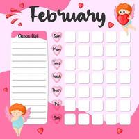 February monthly planner, weekly planner, habit tracker template and example. Template for agenda, schedule, planners, checklists, bullet journal, notebook and other stationery. Valentines Day theme. vector