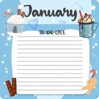 January monthly planner, weekly planner, habit tracker template and example. Template for agenda, schedule, planners, checklists, bullet journal, notebook and other stationery. Christmas cocoa theme vector