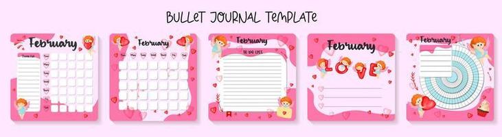 February monthly planner, weekly planner, habit tracker template and example. Template for agenda, schedule, planners, checklists, bullet journal, notebook and other stationery. Valentines Day theme vector
