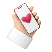 3d mano humana con teléfono móvil con icono de símbolo de corazón png