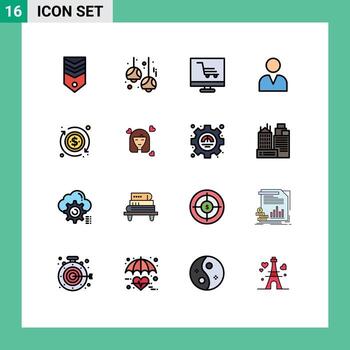 Pack of 16 Modern Flat Color Filled Lines Signs and Symbols for Web Print Media such as dollar man lamps administrator project Editable Creative Vector Design Elements