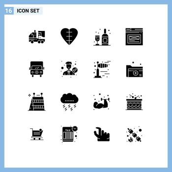 16 User Interface Solid Glyph Pack of modern Signs and Symbols of auto website medical sign web internet Editable Vector Design Elements