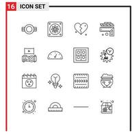 Mobile Interface Outline Set of 16 Pictograms of theatre cinema love size height Editable Vector Design Elements