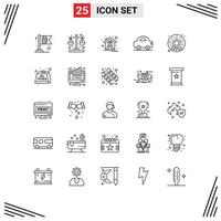 Set of 25 Commercial Lines pack for food travel world day car house Editable Vector Design Elements